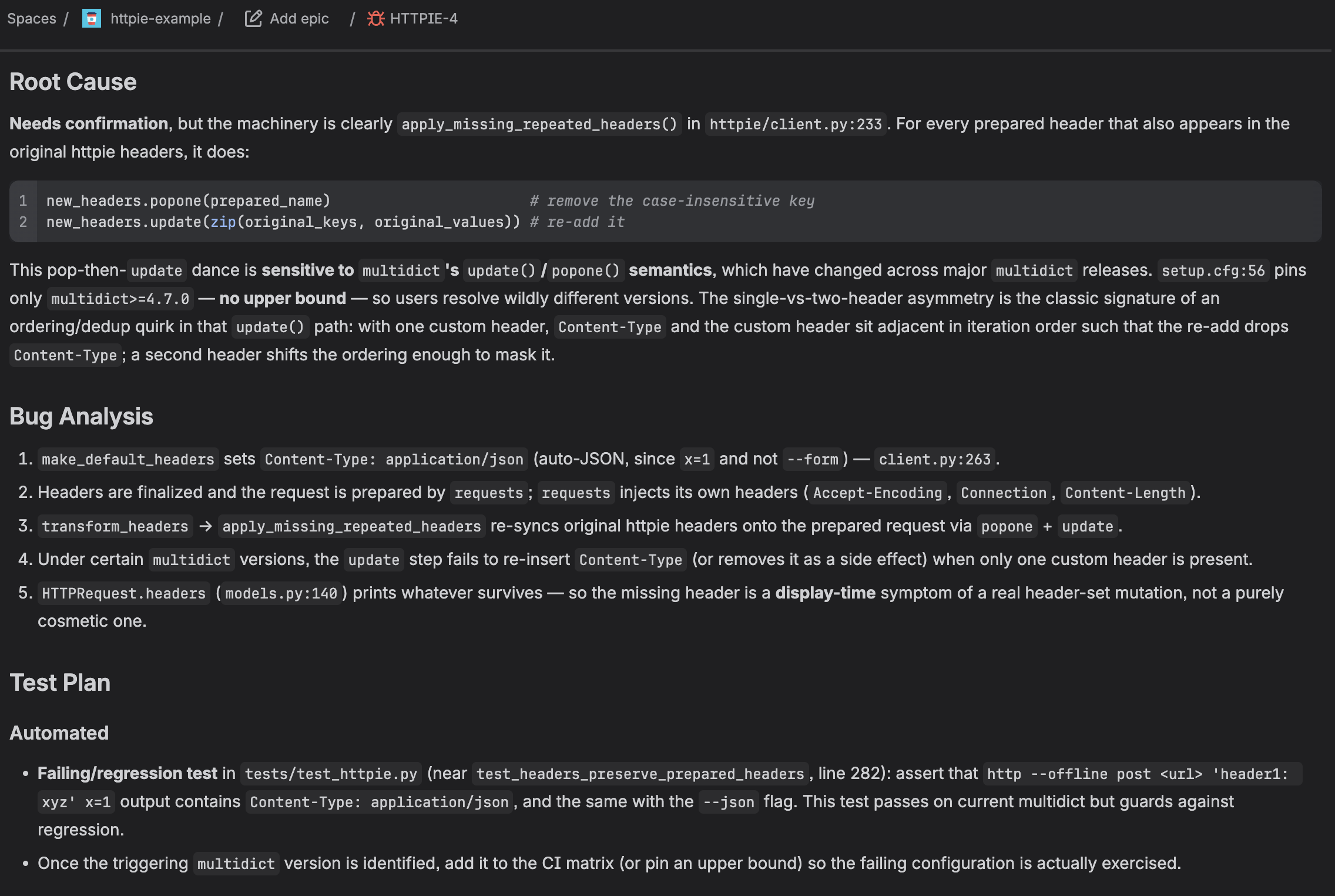 A Cate-enriched Jira ticket showing reproduction steps, a root cause analysis with file and line references, and a step-by-step bug analysis