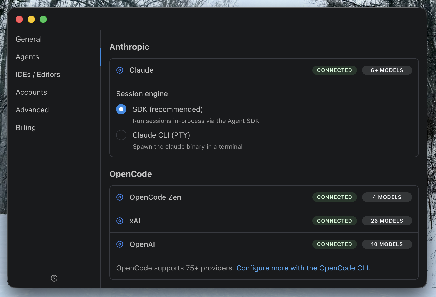 Cate Agents settings showing Claude, OpenCode Zen, xAI, and OpenAI providers connected