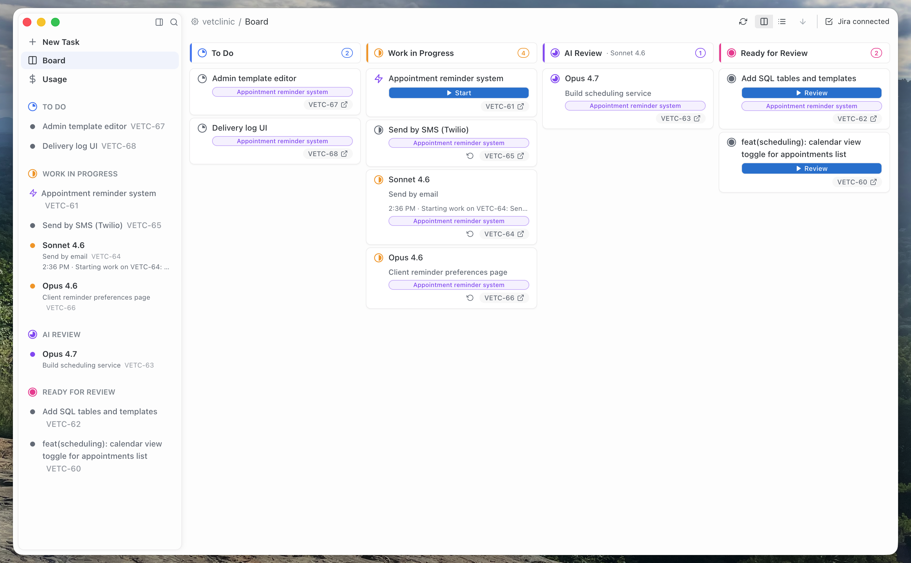 Cate task board organized by repository and workflow status