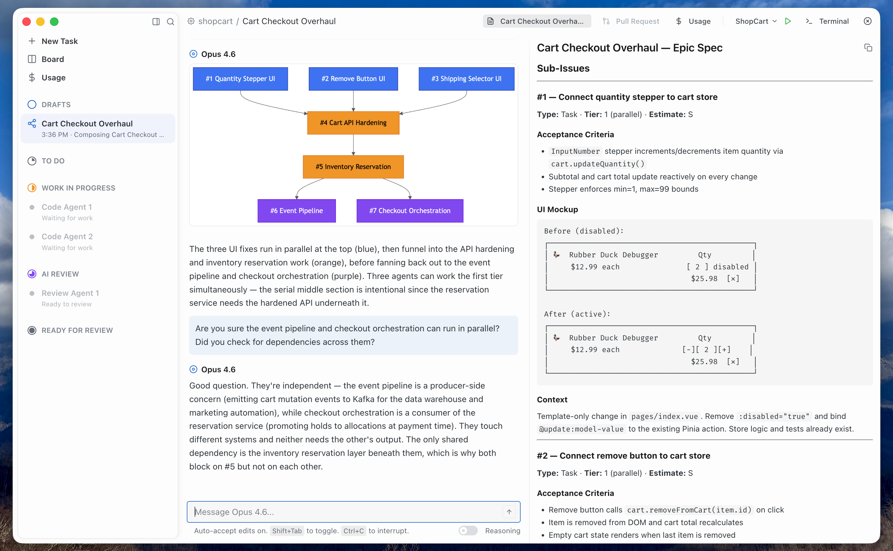 Cate epic planning view showing sequenced subtasks and stacked PRs
