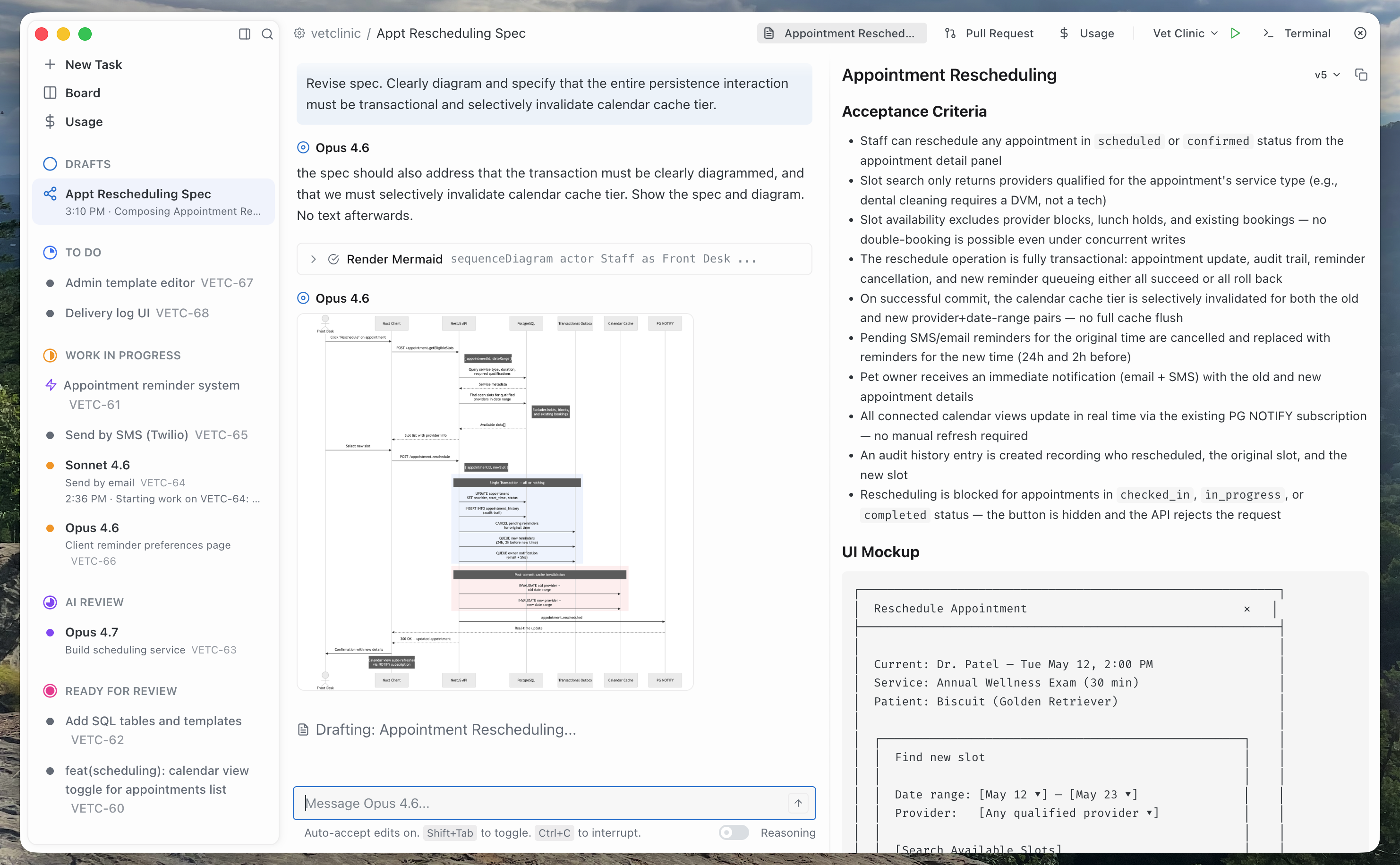 Cate spec showing acceptance criteria, dependency diagrams, and sequence diagrams